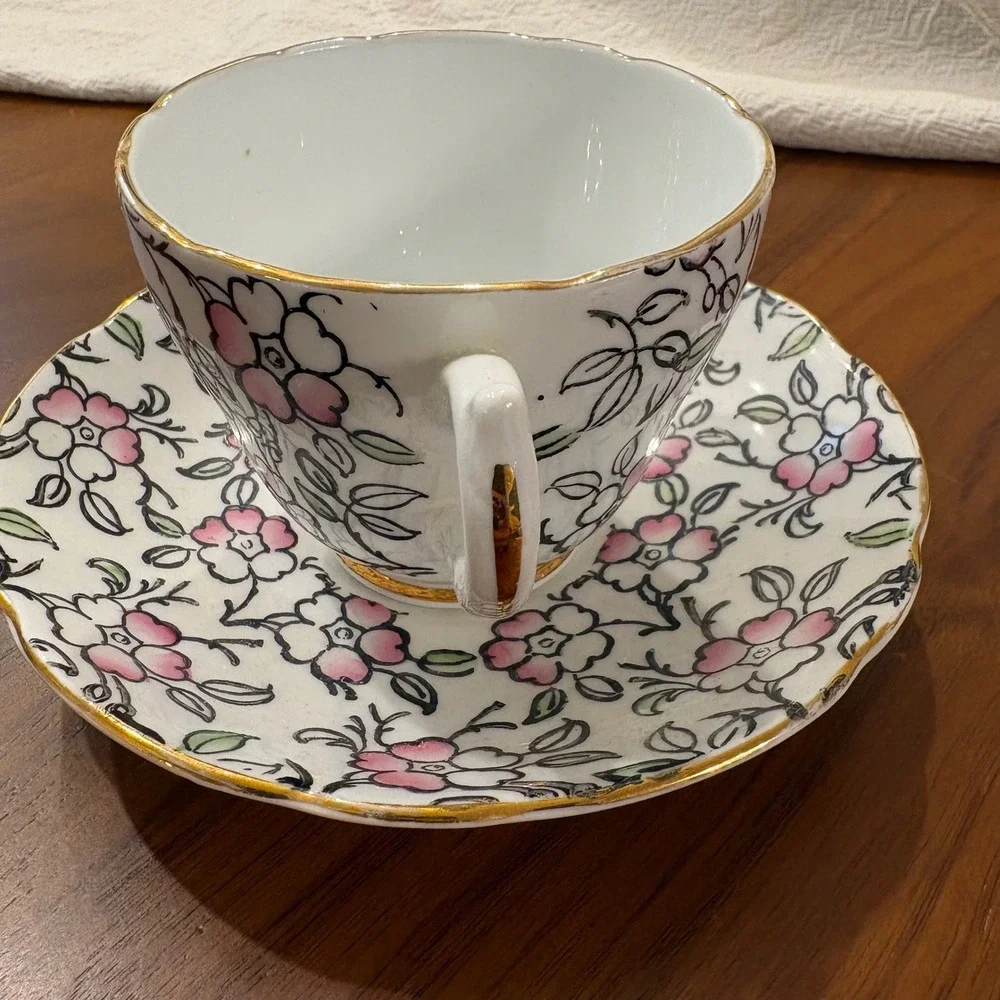 English Castle, Tea Cup and Saucer, Pink White, OS, Excellent
